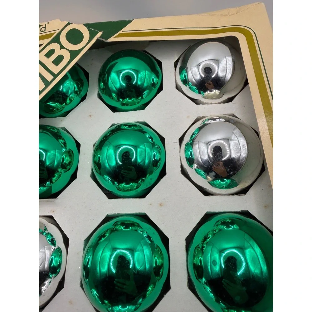 Vintage‎ Pyramid Large Glass Christmas Ornaments Green Silver Set of 15 USA Made